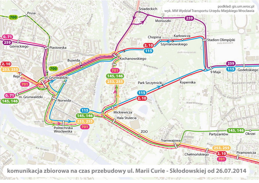 Mapka ze zmianami dla komunikacji na Curie-Skłodowskiej we Wrocławiu