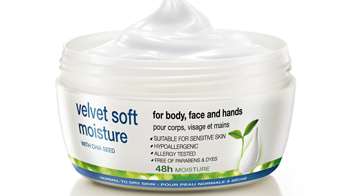 AVON Nutra Effects Velvet Soft Moisture - aksamitny krem nawilżający do ciała, twarzy i rąk. Głęboko odżywia i nawilża skórę nawet do 48 godzin. Produkt powstał  na bazie nasion chia. Delikatnie wygładza, pielęgnuje i sprawia, że skóra zyskuje zdrowy wygląd. Krem nie pozostawia uczucia lepkości.
