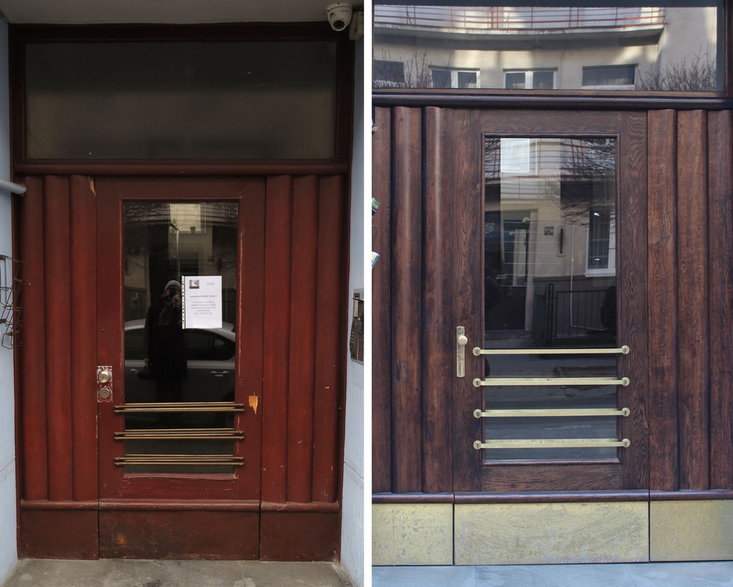 Drzwi do budynku przy ul. Bema 4 przed i po pracach konserwatorskich