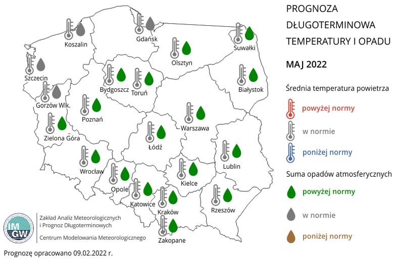 Prognoza temperatury i opadów na maj