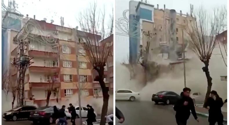Dramatic video shows a building collapsing in Turkey on Monday following a deadly earthquake.Reuters/Urfa TV