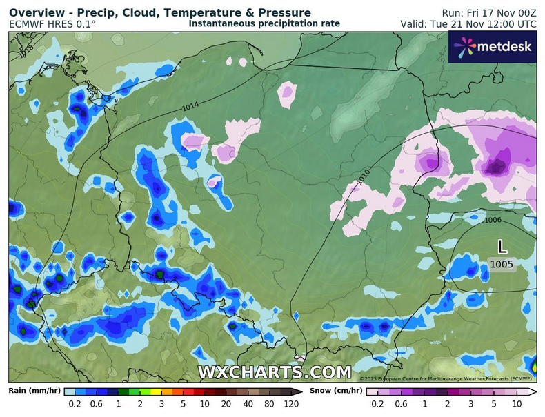 We wtorek deszcz ponownie zacznie jednak przechodzić w śnieg (kolor fioletowy na mapie)