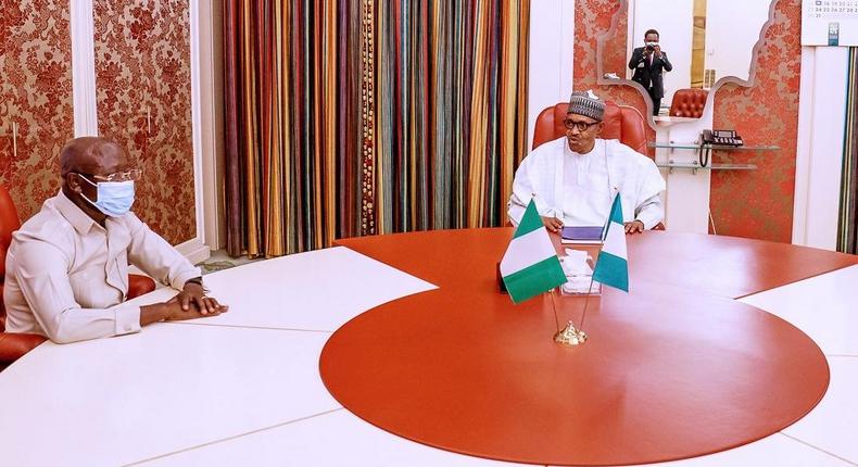 President Muhammadu Buhari receives the immediate past chairman of the All Progressives Congress (APC), Comrade Adams Oshiomhole at the Aso Rock Villa. [Twitter/@NigeriaGov]