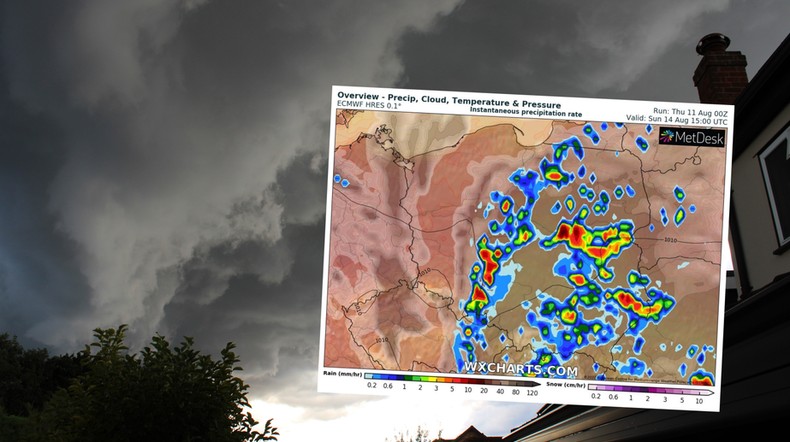 Długi weekend upłynie nam pod znakiem wysokiej temperatury i lokalnych burz (mapa: wxcharts.com)