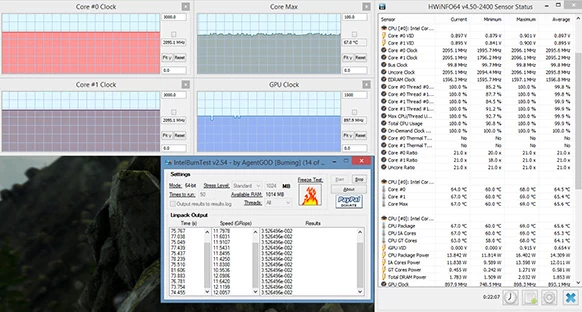 Parametry CPU i GPU przy maksymalnym jednoczesnym obciążeniu obu układów (kliknij, aby powiększyć)