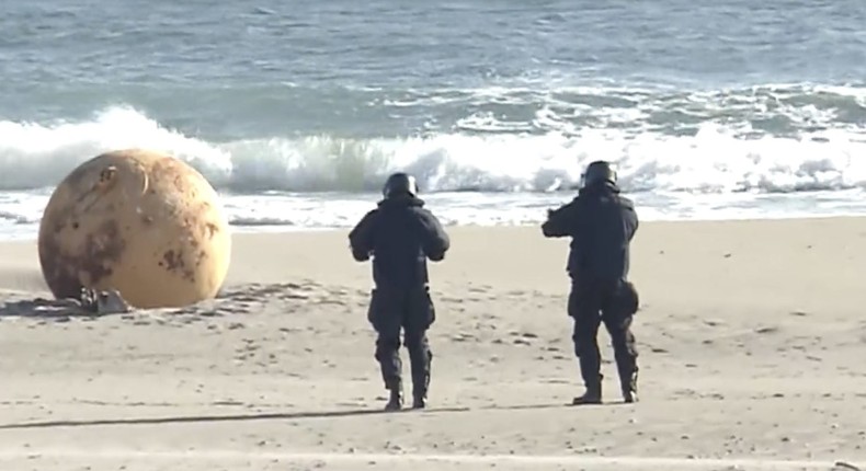 A metal sphere with a 5-foot diameter on a beach in Hamamatsu, Japan, on Saturday.NHK News