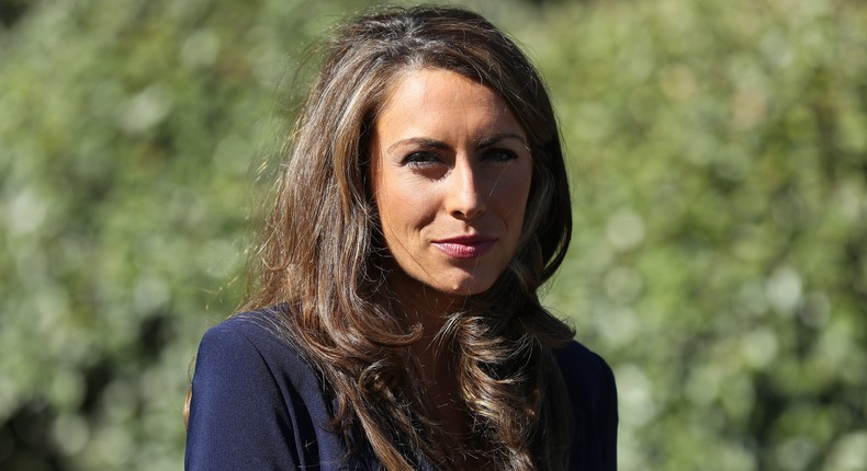 Former White House Communications Director Alyssa Farah talks briefly with reporters outside the West Wing October 08, 2020 in Washington, DC.