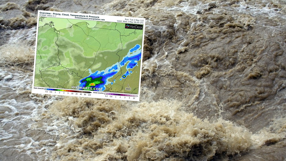 W środę w Karpatach możliwe są wzrosty poziomu wody w rzekach (mapa: wxcharts.com)