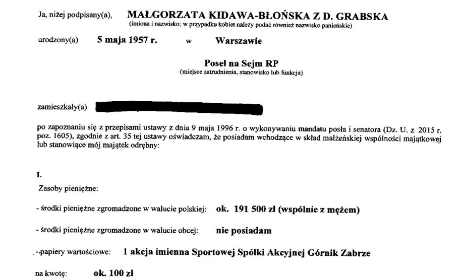 Oświadczenie majątkowe Małgorzaty Kidawy-Błońskiej