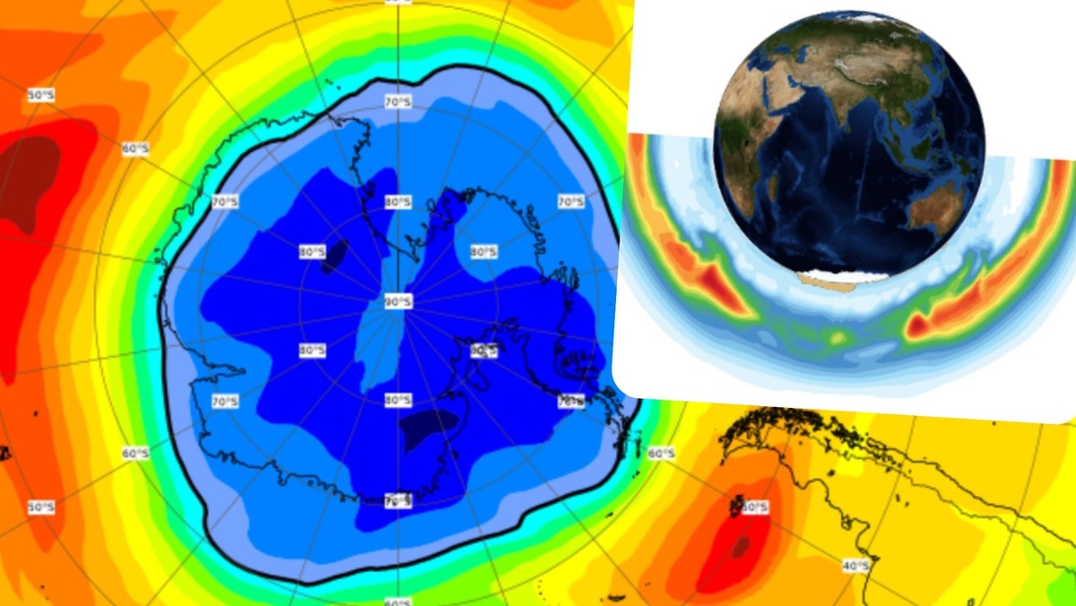 Rozmiar dziury ozonowej. Na biegunie południowym jest większa od Antarktydy