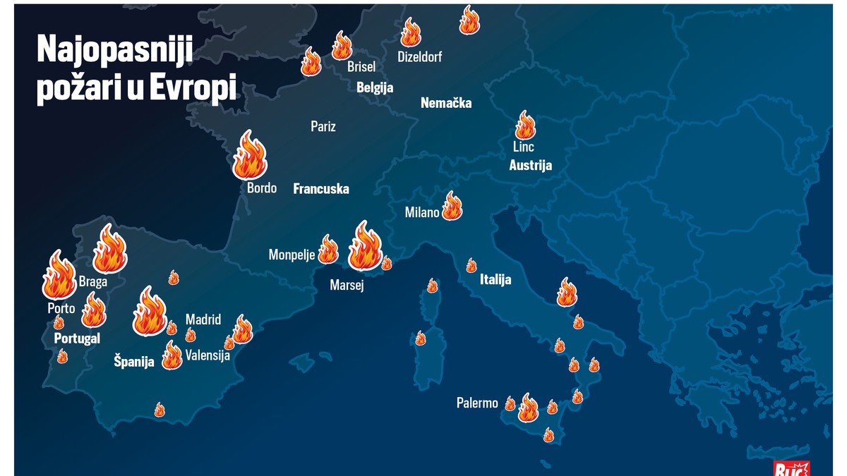 Mapa, šumski požari u Evropi