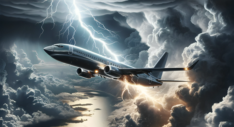 An AI generated scene depicting a commercial airplane being struck by lightning in the sky