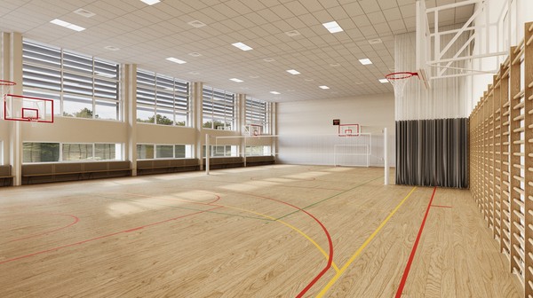 Parter - serce sportu. Duża sala gimnastyczna z boiskami do koszykówki, siatkówki i piłki ręcznej oraz kotarą dzielącą przestrzeń na dwie części.