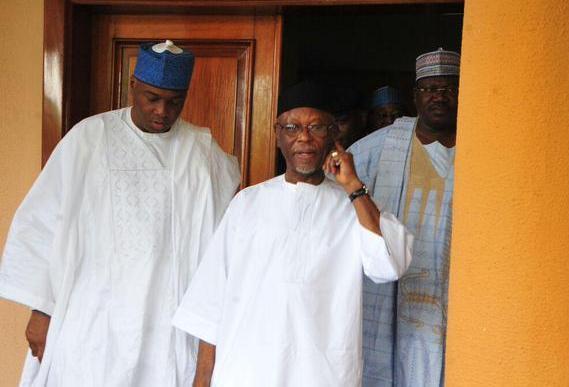 Former APC Chairman, John Oyegun meets with Senate President, Bukola Saraki and Senator Ahmed Lawan during one of parliament's leadership crisis in 2015 (Punch) 