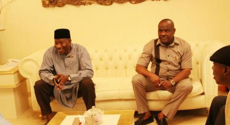 Former President, Goodluck Jonathan meets with Rivers State Governor, Nyesom Wike in Bayelsa on September 8, 2015.