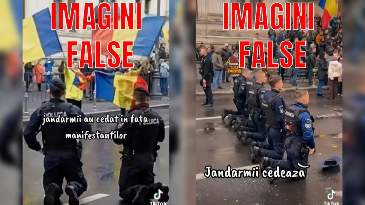 Un fake news cu imagini cu jandarmi în genunchi pe stradă este demontat de Jandarmeria Română: „Sunt generate cu AI”
