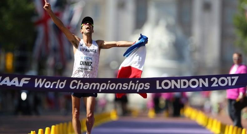 France's Yohann Diniz wins the men's 50km walk at the 2017 IAAF World Championships on The Mall in central London on August 13, 2017