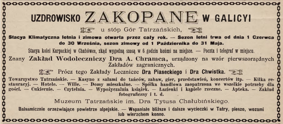 Reklama z Gazety Zakopiańskiej 1893 r.