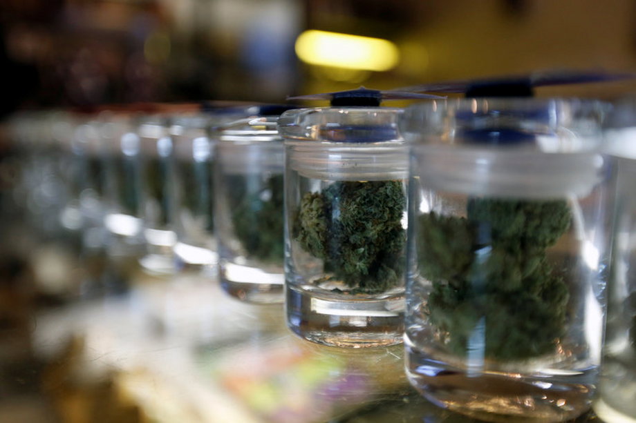 A variety of medicinal marijuana buds in jars are pictured at Los Angeles Patients & Caregivers Group dispensary in California.
