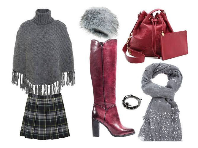 Dzianinowe poncho S. Oliver, karminowe kozaki na słupku Carinii, spódnica w kratę Merry Mart Uniforms, torebka -worek Chanel, futrzana czapka New Look, szal Valentino, bransoletka New Yorker
