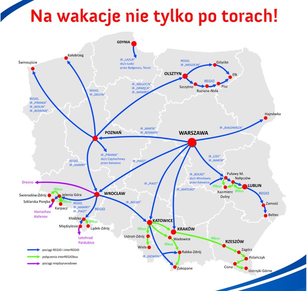 Wakacyjne połączenie Przewozów Regionalnych (na zielono zaznaczone są trasy InterRegio Busów), Fot. Przewozy Regionalne