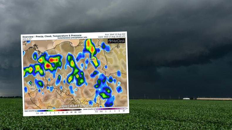 Gorąca, ale lokalnie burzowa pogoda, utrwali się w Polsce na dłużej (mapa: wxcharts.com)