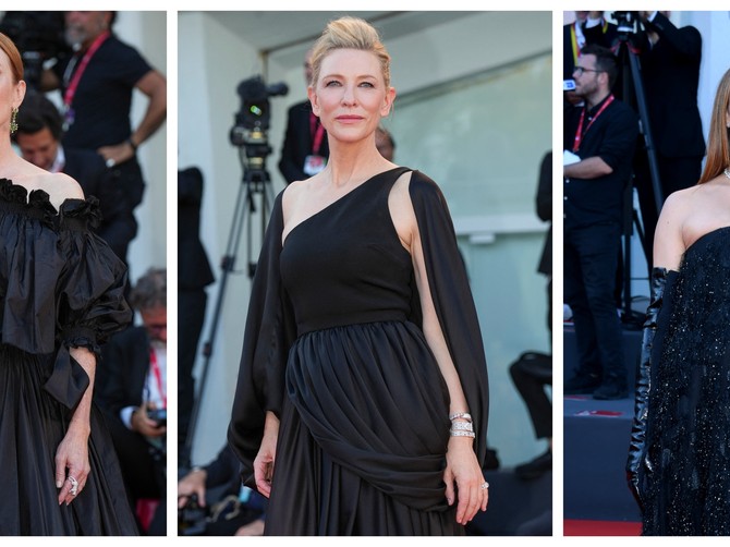 Poslednje veče 79. Filmskog festiivala u Veneciji u znaku Elizabete II: Kejt Blančet, Džulijan Mur i Džesika Braun Frindli u crnim haljinama foto: Stefano Costantino / MEGA/The Mega Agency/Manuele Mangiarotti / ipa-agency/ PA Images