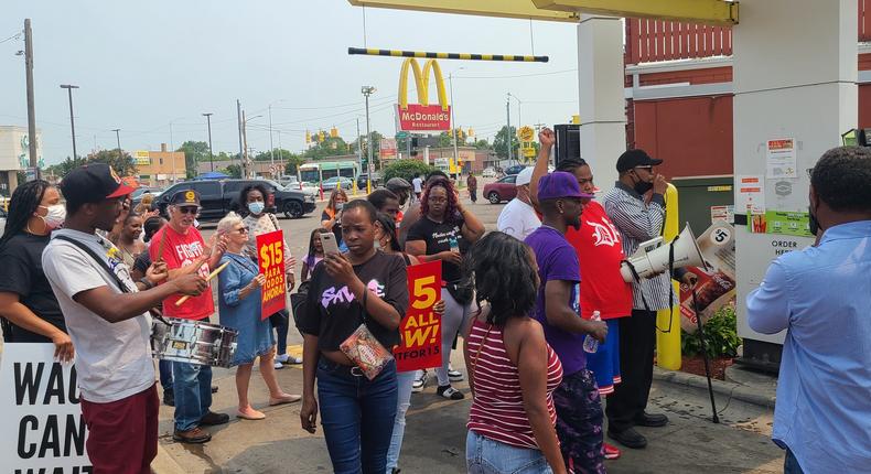 Workers strike at a McDonald's location in Detroit in August.
