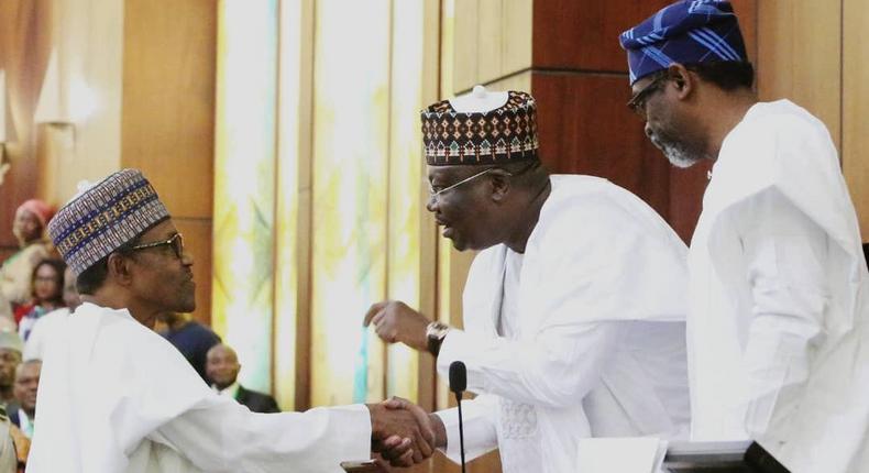 President Muhammadu Buhari, President of the Senate Ahmad Lawan and Speaker of the House of Representatives Hon. Femi Gbajabiamila at the presentation of 2020 Budget on the floor of the Senate. [Twitter/@DrAhmadLawan]