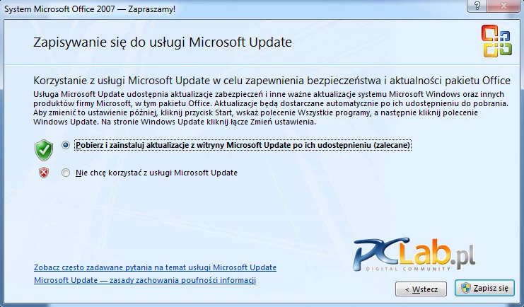 MS Office 2007 – konfigurowanie automatycznych aktualizacji (kliknij, aby powiększyć)