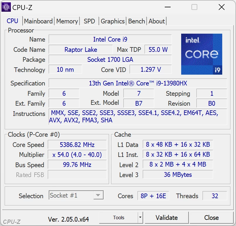 Asus ROG Strix SCAR 18 (G834JY) – CPU-Z – specyfikacja procesora Intel Core i9-13980HX