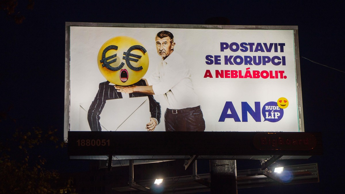 BigBoard of civic association ANO 2011, Andrej Babis, pupett, pre-election campaign billboard