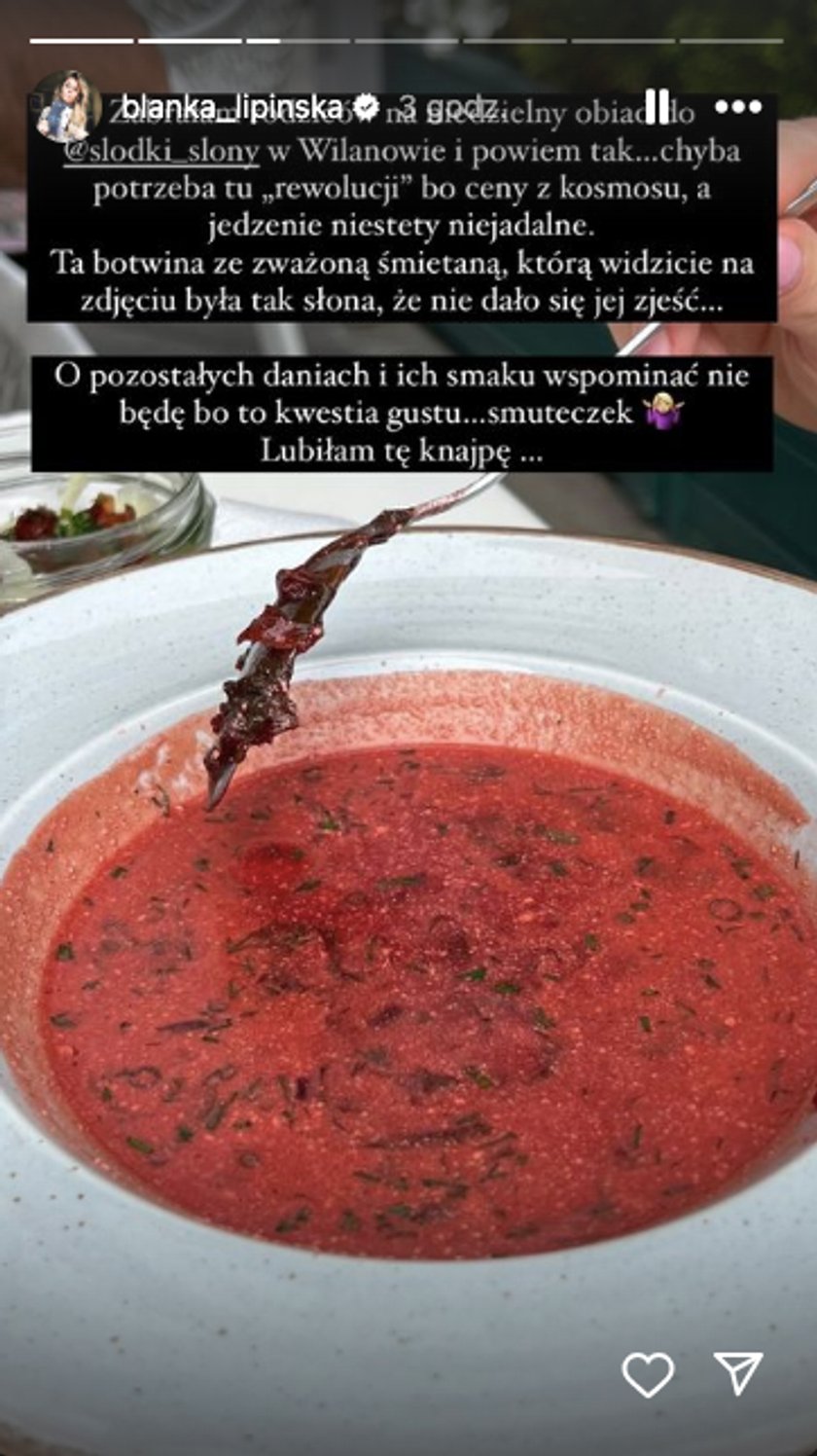 Blanka Lipińska krytykuje restaurację Magdy Gessler.