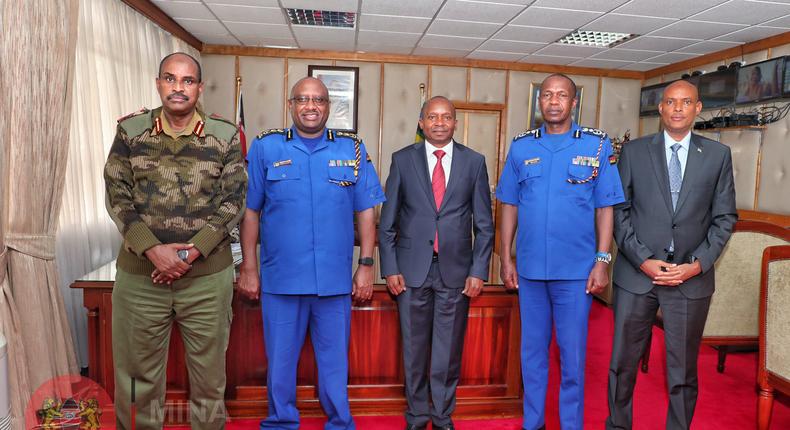 Interior Cabinet Secretary Kithure Kindiki flanked by police IG Japhet Koome, Deputy IG Edward Mbugua, Noor Gabow and DCI boss Amin Ibrahim