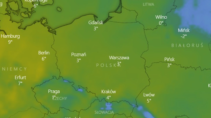 Prognozowana temperatura na poniedziałek, 14 lutego