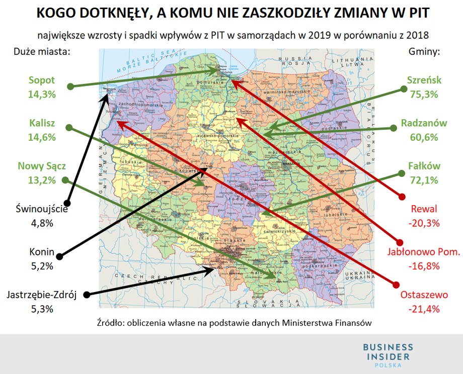 Mapa samorządów - zyski i straty na PIT w 2019 roku