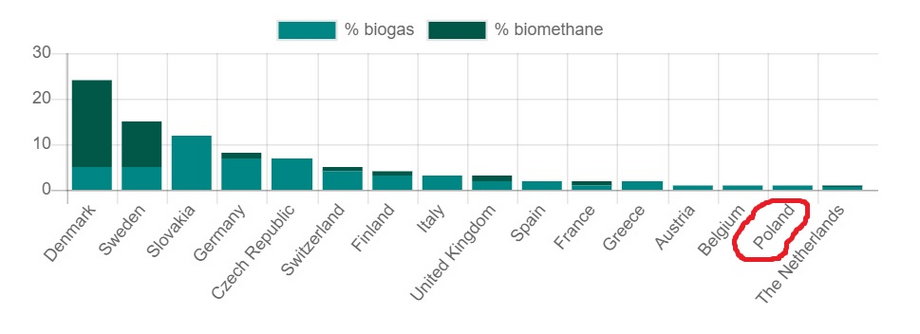 Produkcja biogazu (kolor jasnozielony) i biometanu (ciemnozielony) w stosunku do całkowitego zużycia gazu w 2021 r. (proc.)