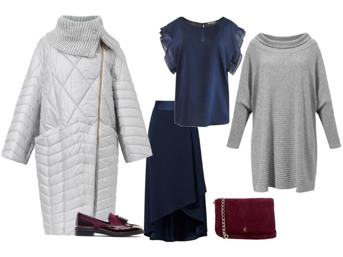 Romantyczne STYLIZACJE na zimę: Fablu/fablu.pl, spódnica – Cotton Club/cottonclub.pl, tunika – Trynite/Trynite.pl, puchowy płaszcz – Bastet/bastetfashion.pl, torebka – Menbur/menbur.pl, mokasyny – Menbur/menbur.pl