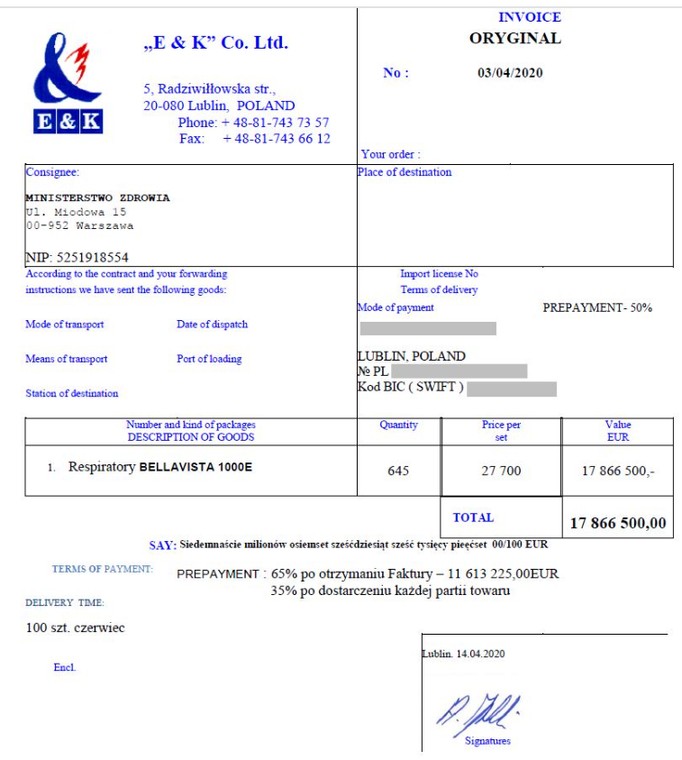 Faktura VAT, jaką spółka E&K wystawiła Ministerstwu Zdrowia, za respiratory, które nigdy do Polski nie dotarły. Źródło: Sieć Obywatelska — Watchdog Polska