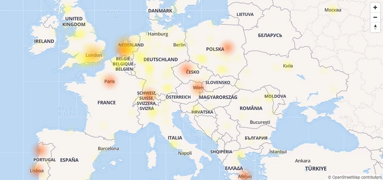 Awaria Facebooka w Europie (mapa serwisu Downdetector)