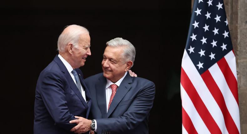 U.S. President Joe Biden and President of Mexico Andres Manuel Lopez Obrador shake hands during a welcome ceremony as part of the '2023 North American Leaders' Summit.Hector Vivas/Getty Images