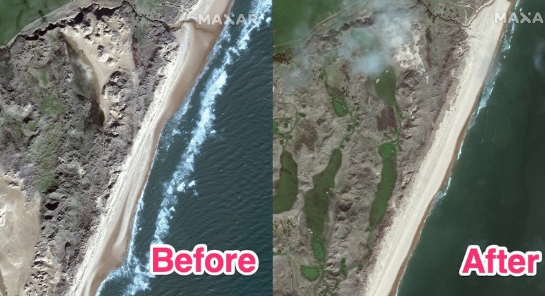 Before-and-after satellite images showing the destruction of sand dunes after Donald Trump's Aberdeenshire golf course was built on them.
