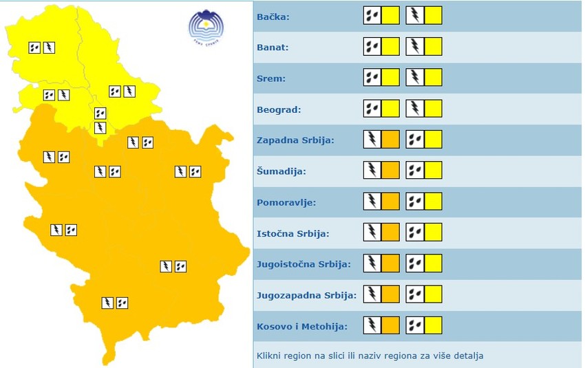 RHMZ meteoalarm za ponedeljak