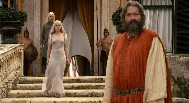 Illyrio Moptais introduces Daenerys Targaryen to Khal Drogo.