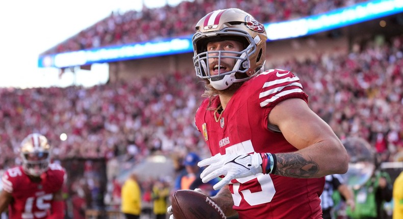 George Kittle celebrates scoring a touchdown with the San Francisco 49ers.Darren Yamashita-USA TODAY Sports