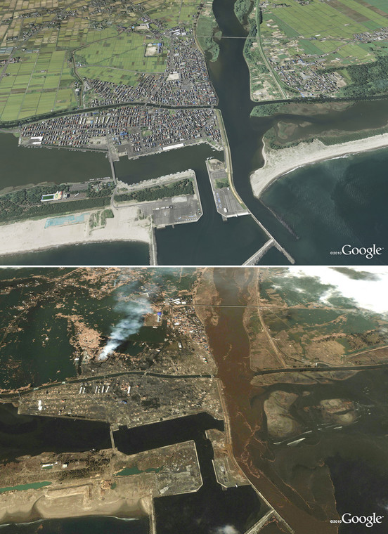 Zdjęcia satelitarne Japonii przed i po przejściu tsunami