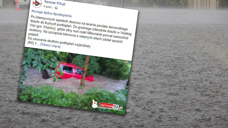 Nurt rzeki Milowianki porwał samochód fot. Facebook.com/Tarnow112