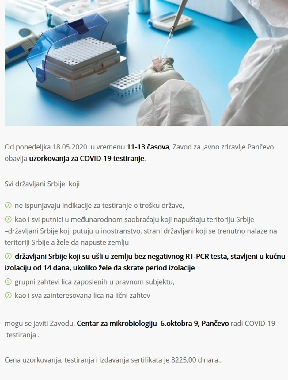 Objava Zavoda za javno zdravlje Pančevo