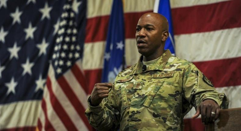 Chief Master Sgt. of the Air Force Kaleth O. Wright speaks during an enlisted all call at Hurlburt Field, Fla., Aug. 9, 2017.