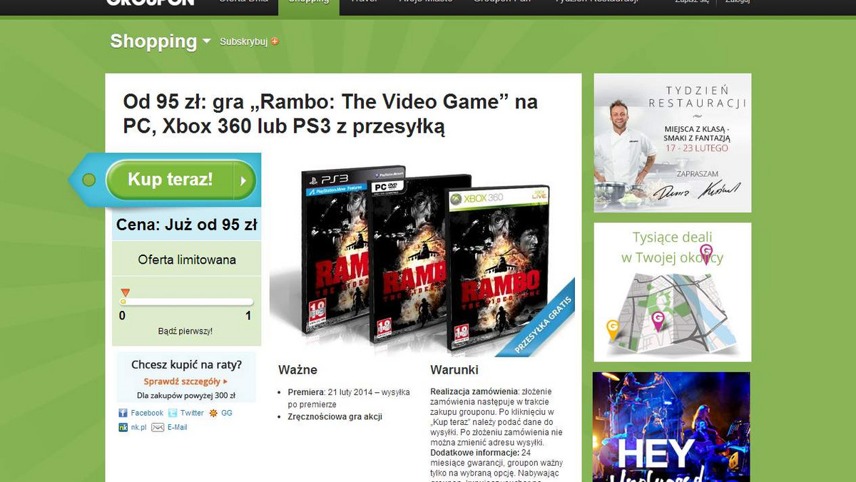 Rambo: The Video Game to najnowsza produkcja rodzimego studia Teyon, nawiązująca oczywiście do serii filmów akcji z Sylvestrem Stallone w roli głównej. W pełni licencjonowana, pierwszoosobowa strzelanka "na szynach" zadebiutuje w sprzedaży już 21 lutego, w wersji na PC, Xboksa 360 i PS3, a tymczasem znaleźliśmy ją już na... Grouponie!